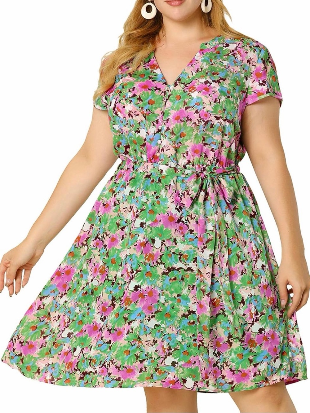 Floral V-Neck Tie-Waist Dress in Green and Pink